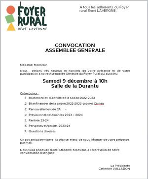 Assemblée générale du Foyer rural rené Lavergne - 9 décembre à 10h - salle DURANTE