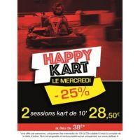 OFFRE SPECIALE 31,50€ 42€ HAPPY KART OFFRE PROMOTIONNELLE DU MERCREDI SOIR ! À partir de 7 ans révolus. 25% de remise le mercredi uniquement de 17H00 à 22H00. 2 x 10 minutes de karting au prix de 31.5€ au lieu de 42,00€. - Achat sur defikart.fr en avance au prix de 31.5€ - Achat sur place directement au comptoir au prix de 36€ Produit valable 6 mois et non réservable : il faudra vous présenter à l'accueil, notre responsable vous insérera dans la file des sessions à venir. Offre non échangeable, non remboursable. Ajouter au panier