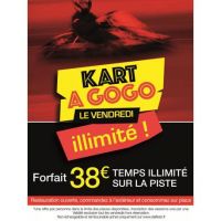 42€ KARTING A GOGO OFFRE PROMOTIONNELLE DU VENDREDI SOIR (de 18H45 à 22H45) ! À partir de 14 ans révolus. Le forfait du karting à gogo donne droit à un nombre de sessions de 10 minutes illimitées en fonction du nombre de personnes ayant acheté le pass. Les réservations pleins tarifs sont prioritaires par rapport au vendredi illimité. Si vous arrivez avant 19H15, nous vous garantissons au minimum 3 sessions de 10 minutes durant la soirée. - Achat en ligne à 42€ ou sur place à 45€ Offre valable 6 mois, non échangeable et non remboursable. Ajouter au panier